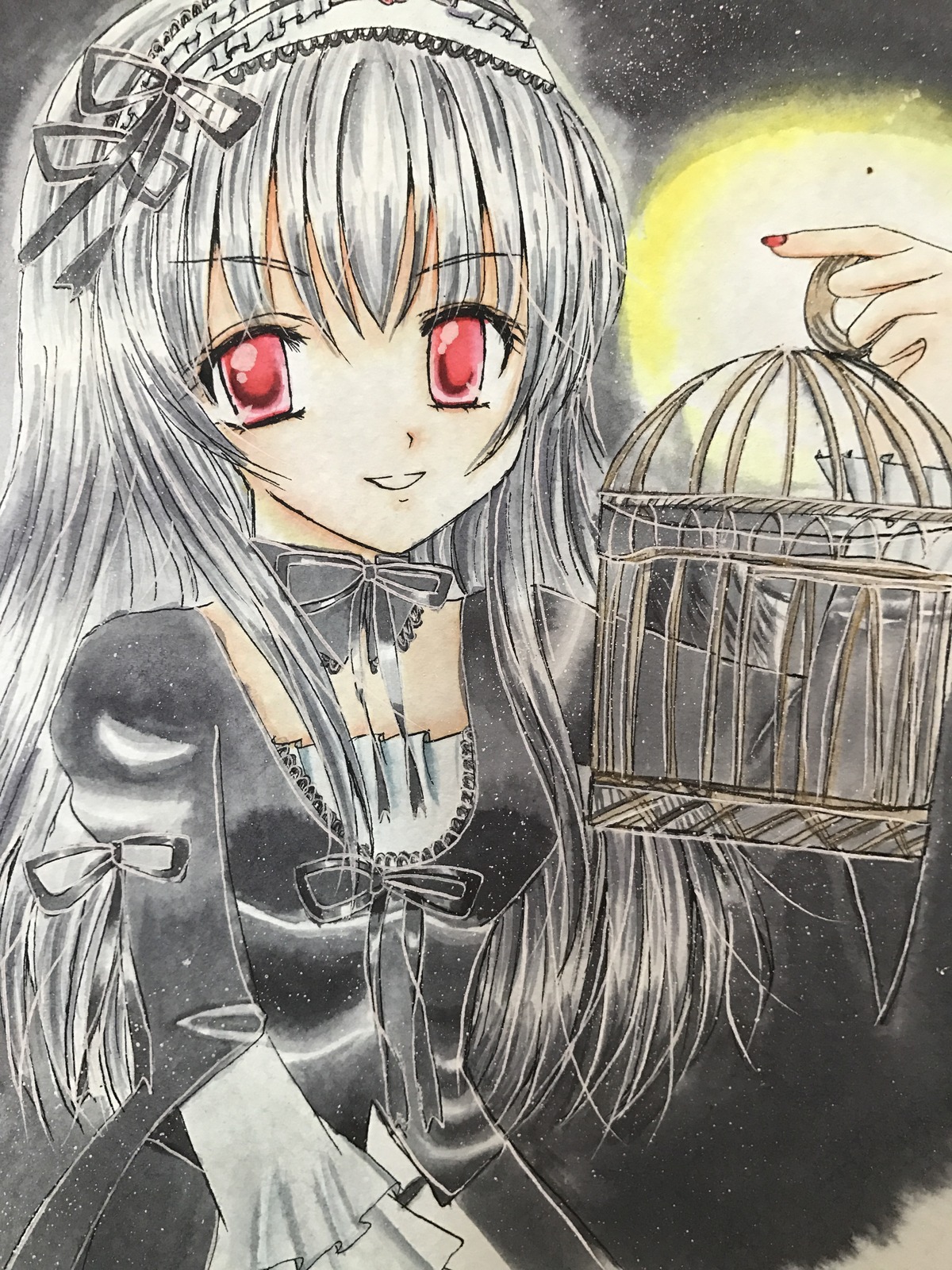 1girl birdcage cage dress image long_hair long_sleeves looking_at_viewer moon red_eyes ribbon smile solo star_(sky) suigintou traditional_media