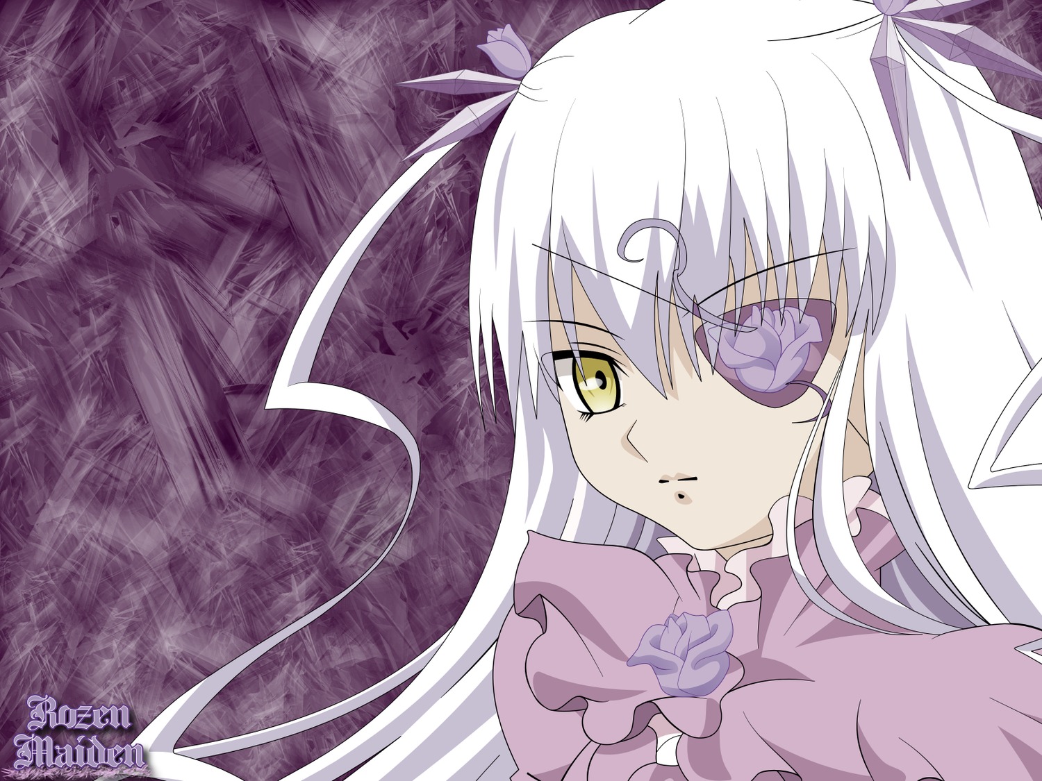 1girl bangs barasuishou black_ribbon closed_mouth dress eyepatch frills hair_ribbon image long_hair looking_at_viewer outdoors ribbon silver_hair solo yellow_eyes