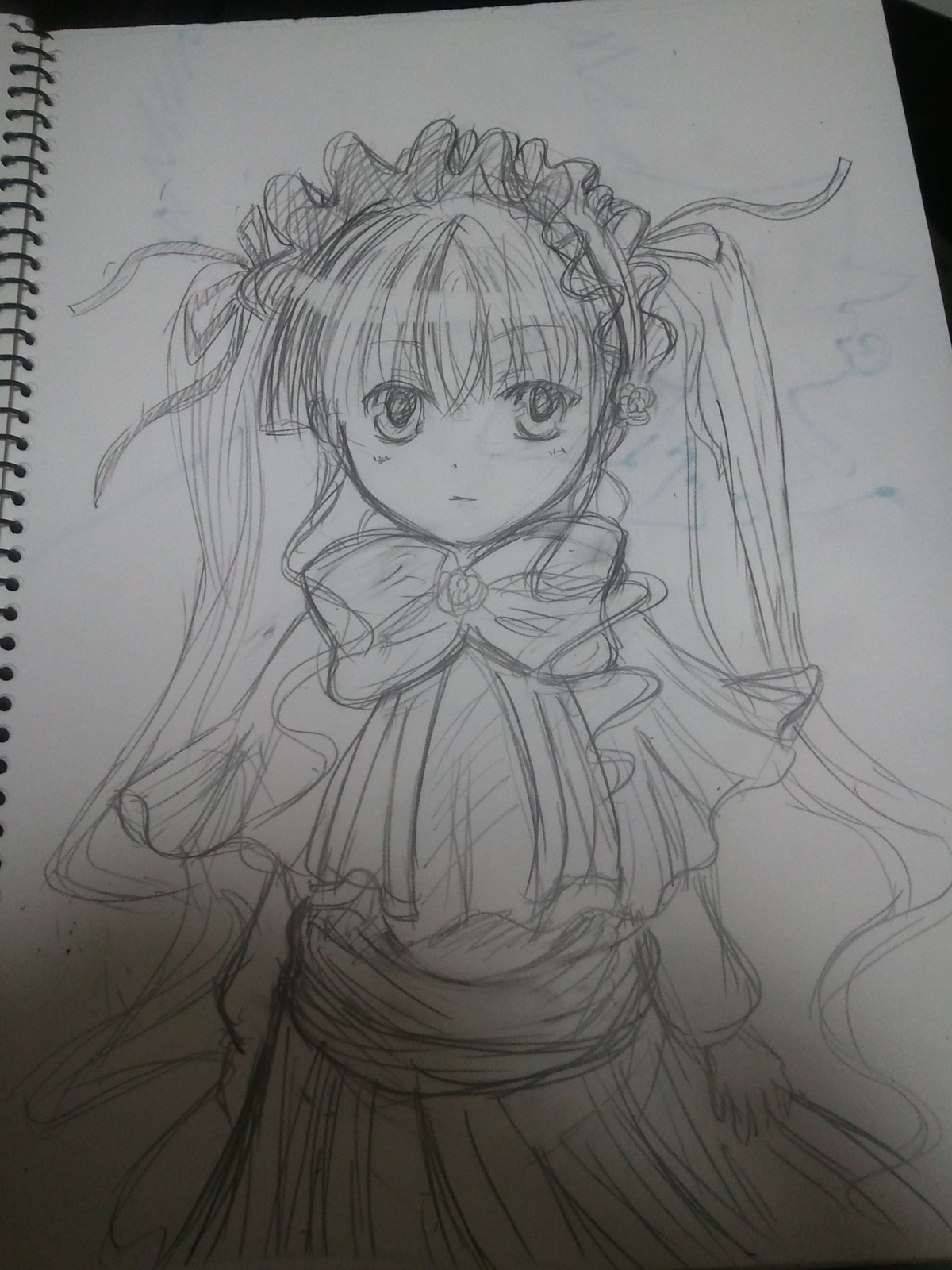 1girl capelet dress hairband image long_hair long_sleeves looking_at_viewer monochrome shinku sketch solo traditional_media twintails very_long_hair