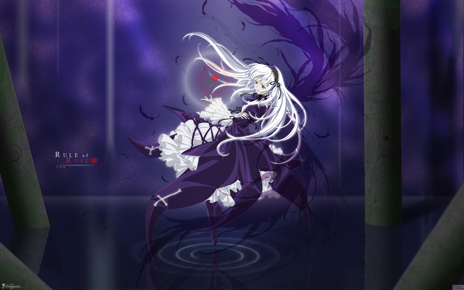 1girl artist_name copyright_name cross dress feathers floating_hair flower frilled_sleeves frills full_body hairband highres image lolita_hairband long_hair long_sleeves purple_eyes ripples rozen_maiden solo solwyvern suigintou vector_trace very_long_hair white_hair wide_sleeves