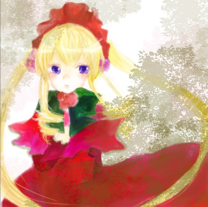 1girl blonde_hair blue_eyes bow bowtie dress flower green_bow image long_hair long_sleeves looking_at_viewer red_dress shinku solo