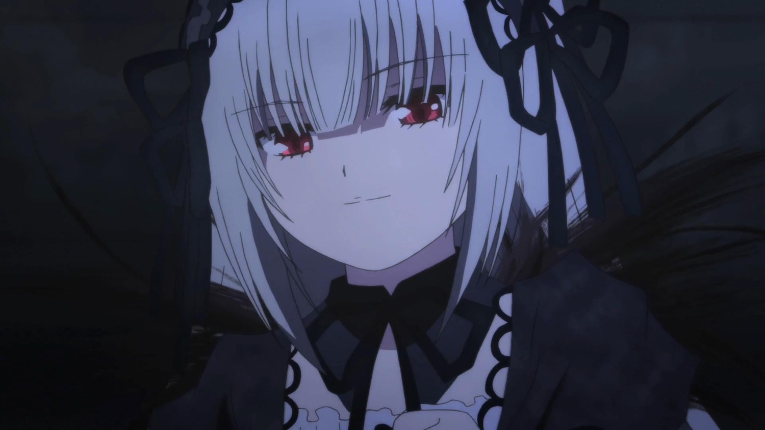 1girl bangs black_ribbon closed_mouth dress eyebrows_visible_through_hair image long_hair looking_at_viewer red_eyes ribbon smile solo suigintou