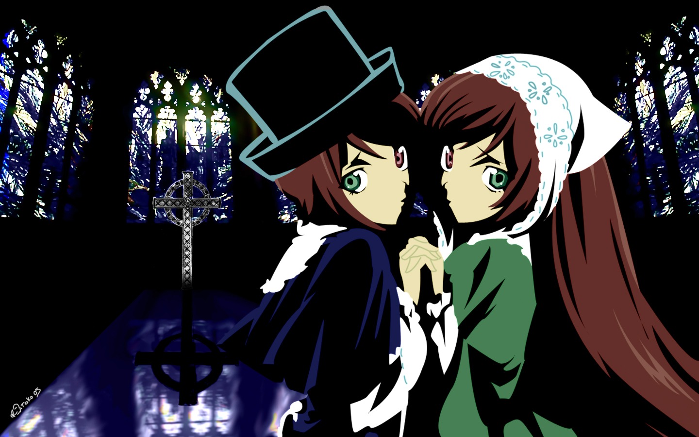 2girls brown_hair dress green_eyes hat holding_hands image incest long_hair long_sleeves looking_at_viewer multiple_girls pair siblings sisters souseiseki suiseiseki top_hat twins very_long_hair