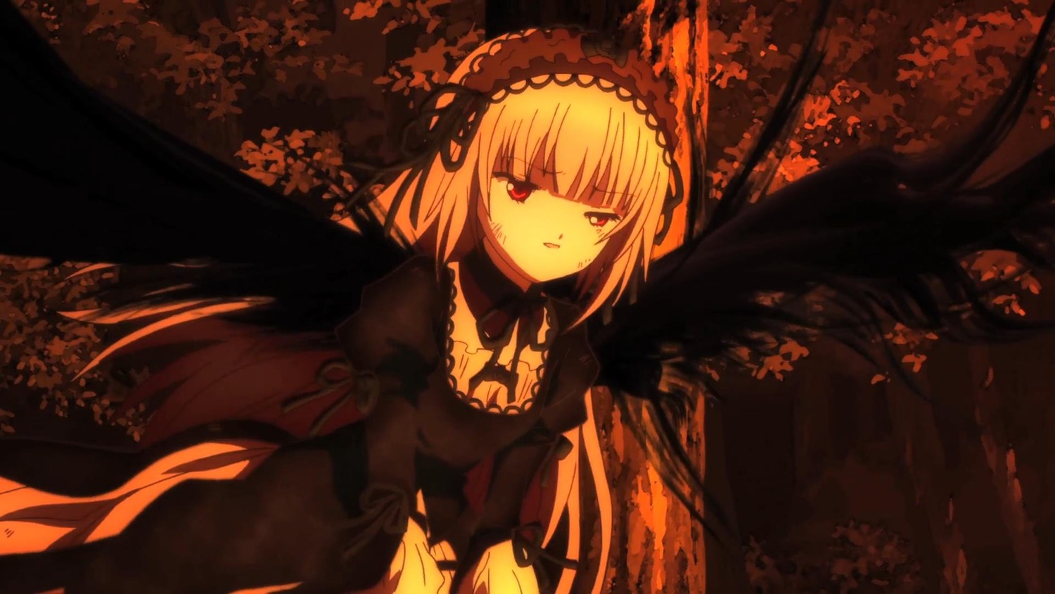 1girl autumn_leaves black_wings blonde_hair dress frills hairband image lolita_hairband long_hair long_sleeves looking_at_viewer red_eyes smile solo suigintou tree very_long_hair wings