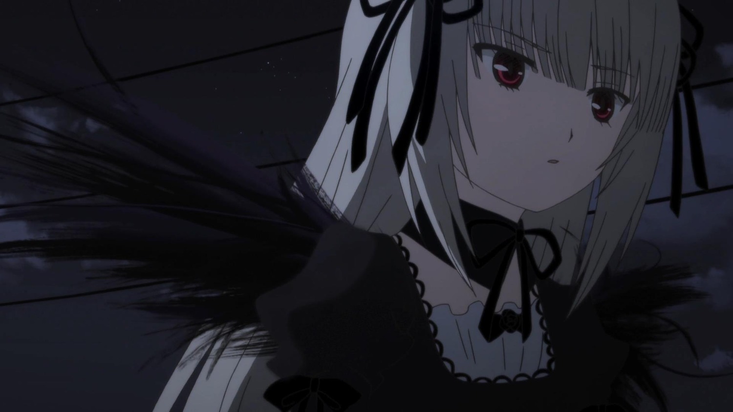 1girl bangs black_ribbon black_wings detached_collar dress frills hair_ribbon image long_hair long_sleeves red_eyes ribbon silver_hair solo suigintou upper_body wings