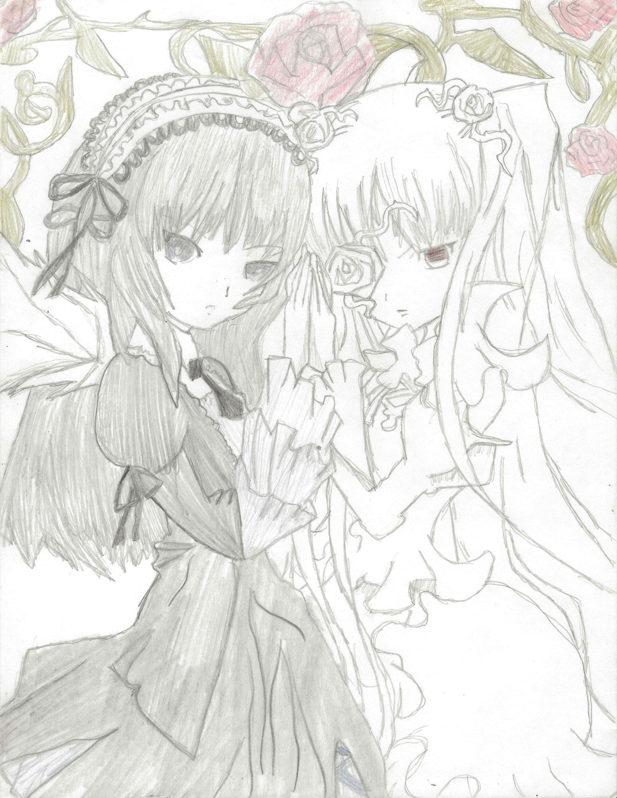 2girls dress eyepatch flower frills greyscale hairband image kirakishou long_hair monochrome multiple_girls pair ribbon rose suigintou wings