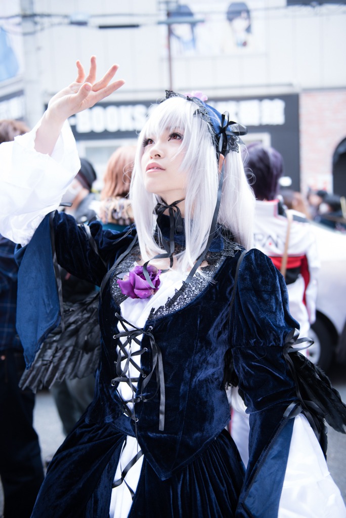 1girl 3d blurry blurry_background blurry_foreground depth_of_field dress gothic_lolita hairband lolita_fashion long_hair long_sleeves photo solo solo_focus suigintou white_hair