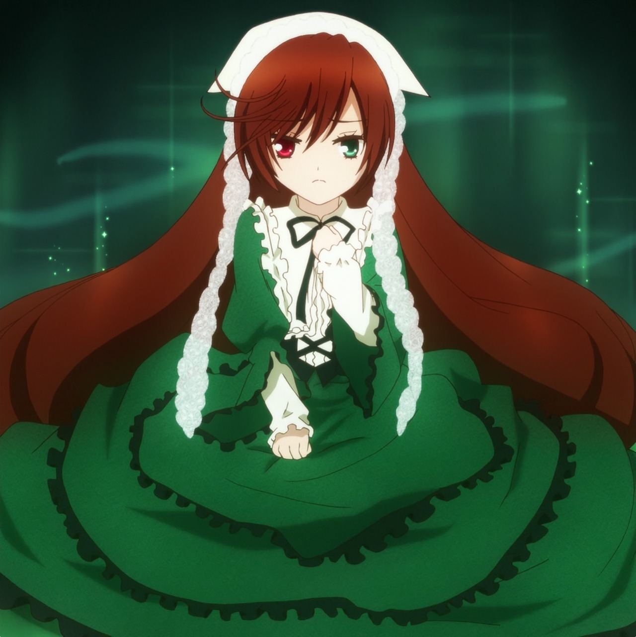 1girl brown_hair dress frills green_dress green_eyes heterochromia image long_hair long_sleeves looking_at_viewer red_eyes ribbon solo suiseiseki very_long_hair