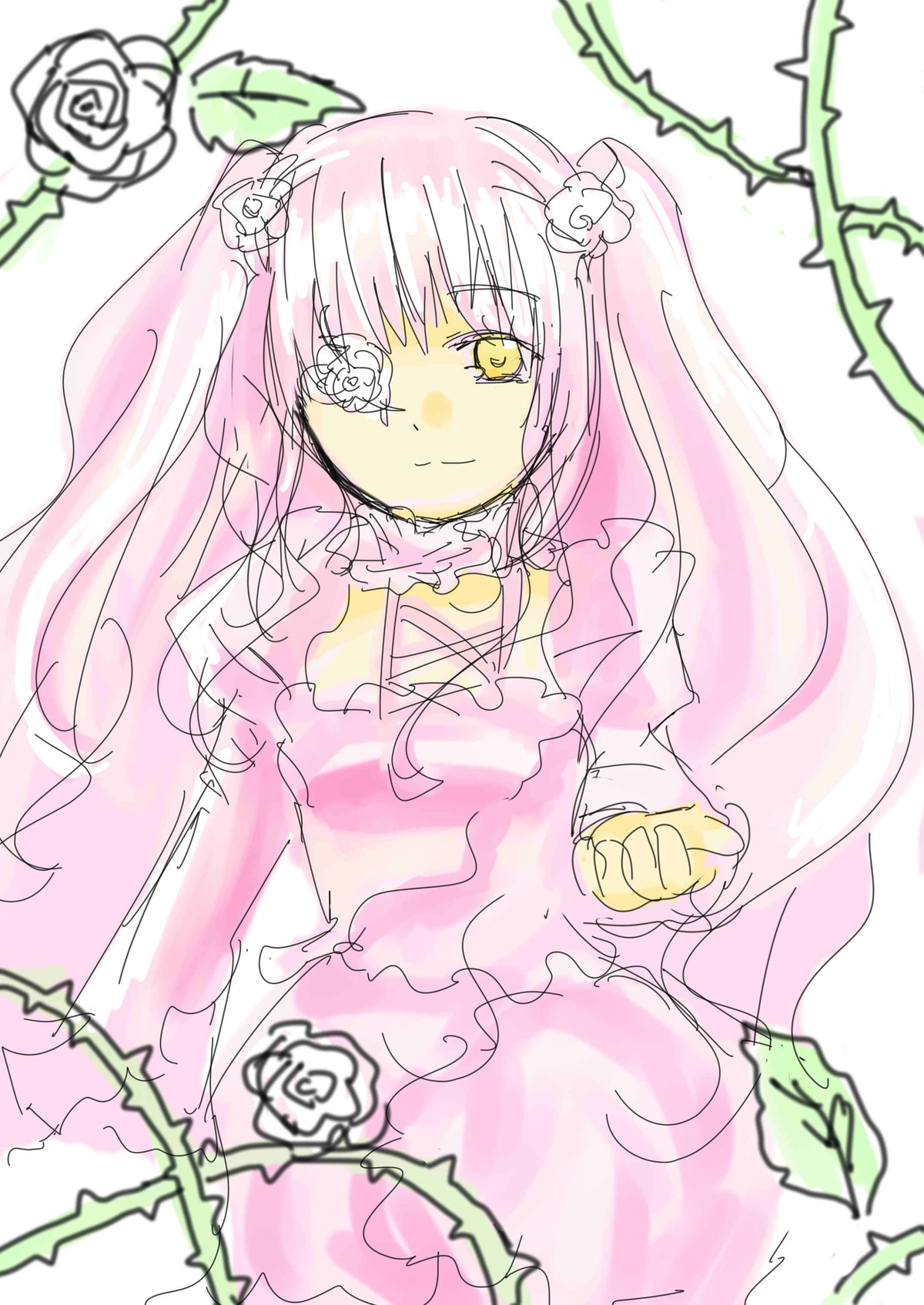 1girl dress eyepatch flower frills hair_flower image kirakishou long_hair looking_at_viewer pink_flower pink_hair pink_rose plant rose smile solo striped thorns vines white_flower white_rose yellow_eyes