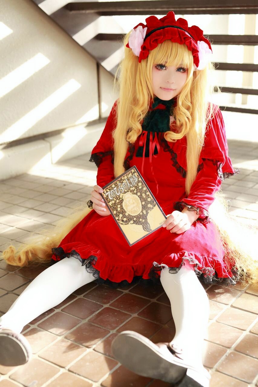 1girl blonde_hair blue_eyes dress flower frills lolita_fashion long_hair pantyhose red_dress shinku sitting sitting_on_stairs solo tile_floor tiles white_legwear