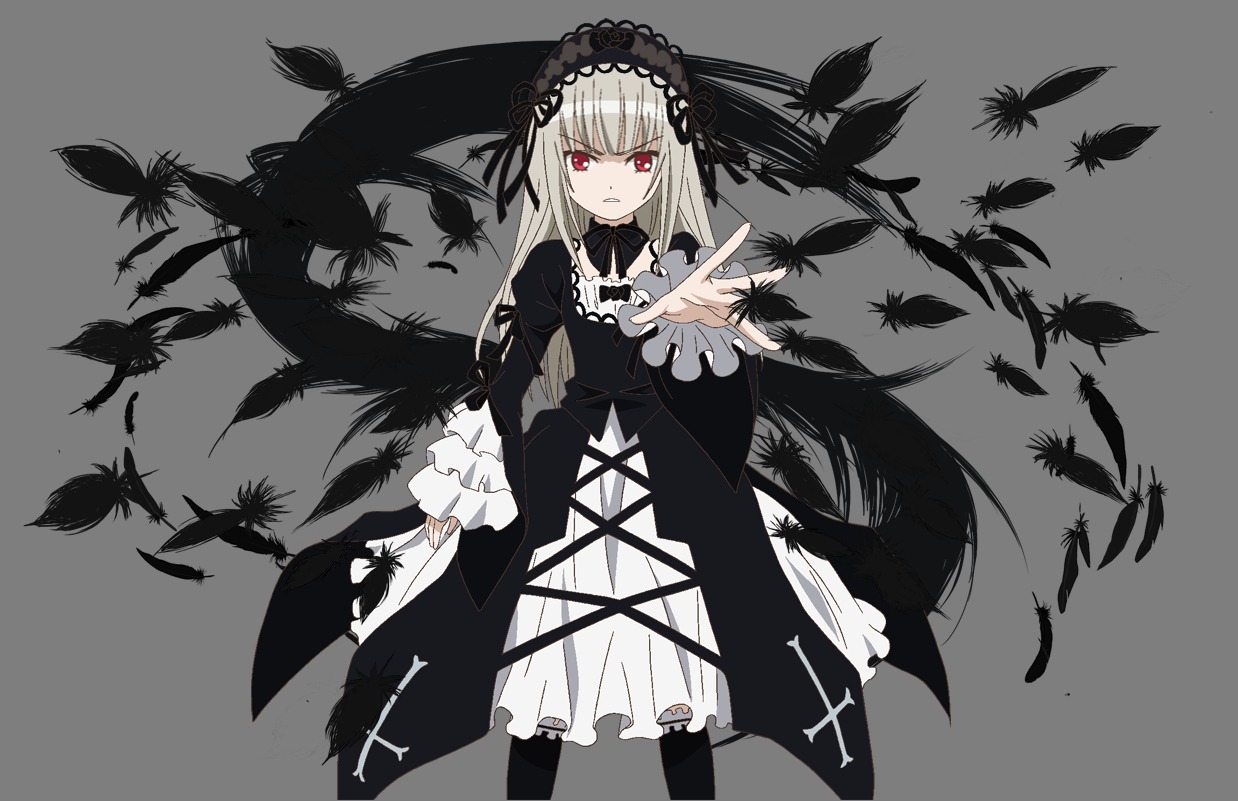 1girl black_background black_dress black_ribbon black_wings dress feathers flower frills hairband image lolita_fashion lolita_hairband long_hair long_sleeves looking_at_viewer red_eyes ribbon rose silver_hair smile solo suigintou very_long_hair wings