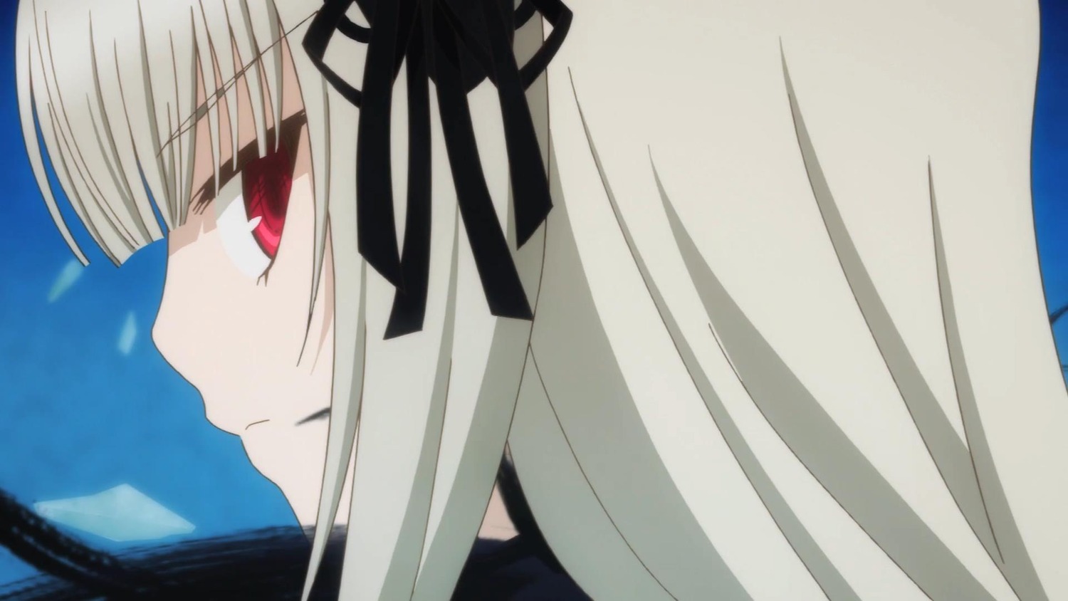 1girl bangs black_ribbon close-up closed_mouth face from_side hair_ribbon image long_hair profile red_eyes ribbon simple_background solo suigintou