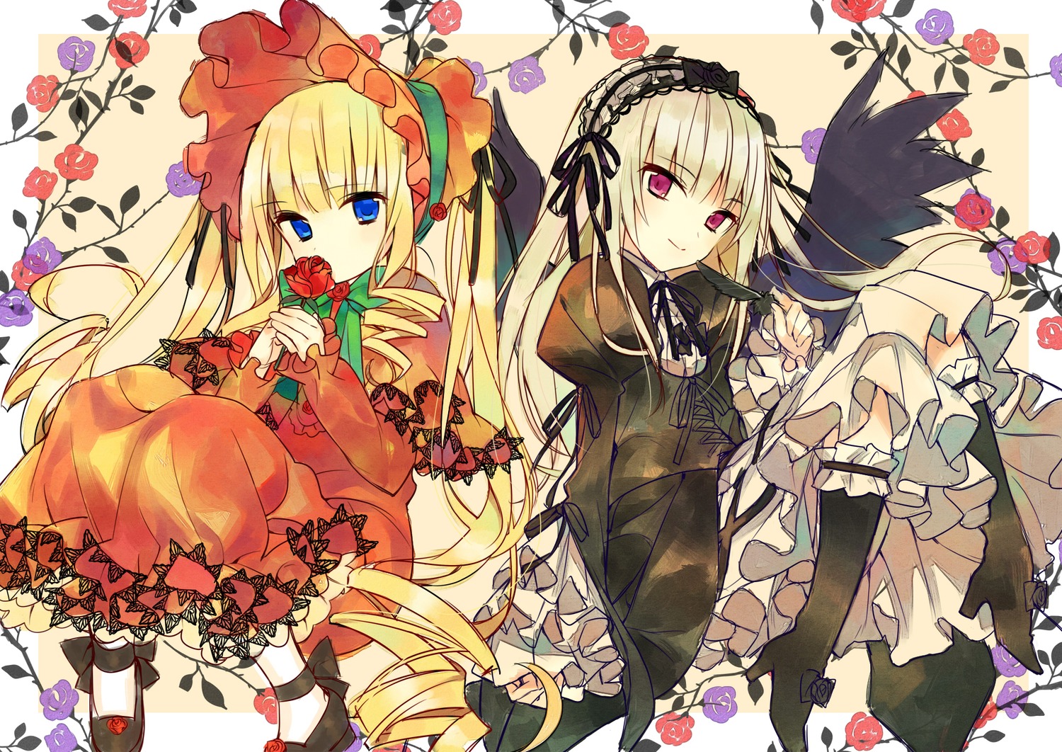 2girls black_dress blonde_hair blue_eyes bonnet boots capelet commentary_request dress drill_hair feathers flower frilled_sleeves frills gothic_lolita hairband hanabana_tsubomi highres image knee_boots lolita_fashion lolita_hairband long_hair long_sleeves looking_at_viewer multiple_girls pair purple_flower purple_rose red_dress red_eyes red_flower red_rose ribbon rose rozen_maiden shinku silver_hair sitting smile suigintou twintails wings