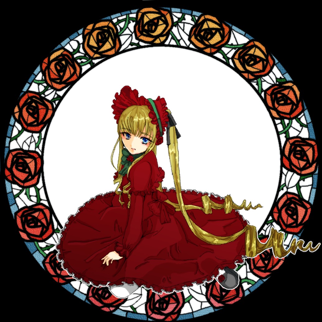 1girl blonde_hair blue_eyes blue_rose bonnet bow dress drill_hair flower green_bow image long_hair long_sleeves looking_at_viewer orange_flower pink_rose purple_rose red_dress red_flower red_rose rose shinku sitting solo thorns twintails yellow_flower yellow_rose