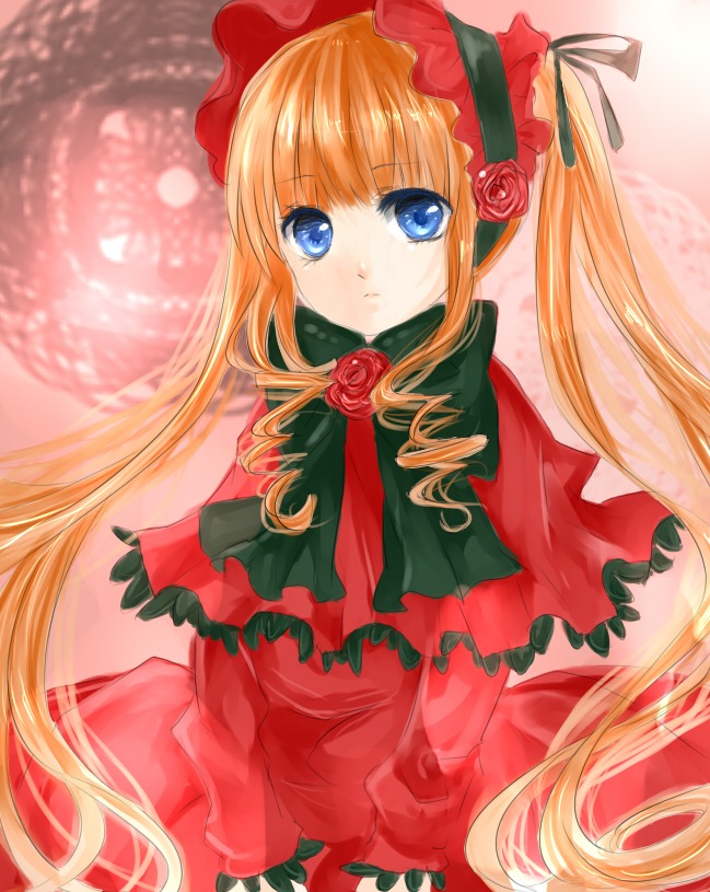 1girl blonde_hair blue_eyes blush bonnet bow bowtie capelet dress drill_hair flower green_bow image long_hair long_sleeves looking_at_viewer pink_rose red_capelet red_dress red_flower red_rose rose shinku solo twintails very_long_hair