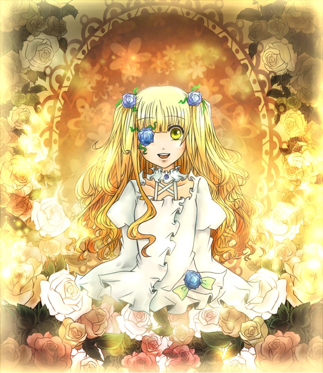 1girl black_flower black_rose blonde_hair blue_flower blue_rose bouquet dress eyepatch flower green_flower hair_flower hair_ornament image kirakishou long_hair orange_flower pink_flower pink_rose purple_rose red_flower red_rose rose rose_petals solo thorns two_side_up vines white_flower white_rose yellow_eyes yellow_flower yellow_rose