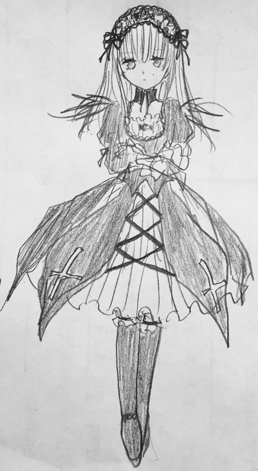 1girl boots choker dress flower frills full_body greyscale hairband image lolita_hairband long_hair long_sleeves looking_at_viewer monochrome solo standing suigintou traditional_media