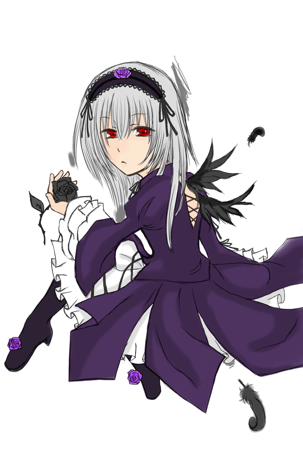 1girl black_wings dress feathers flower frilled_sleeves frills full_body hairband holding image long_hair long_sleeves looking_at_viewer looking_back purple_flower purple_rose red_eyes rose silver_hair simple_background solo suigintou white_background wings