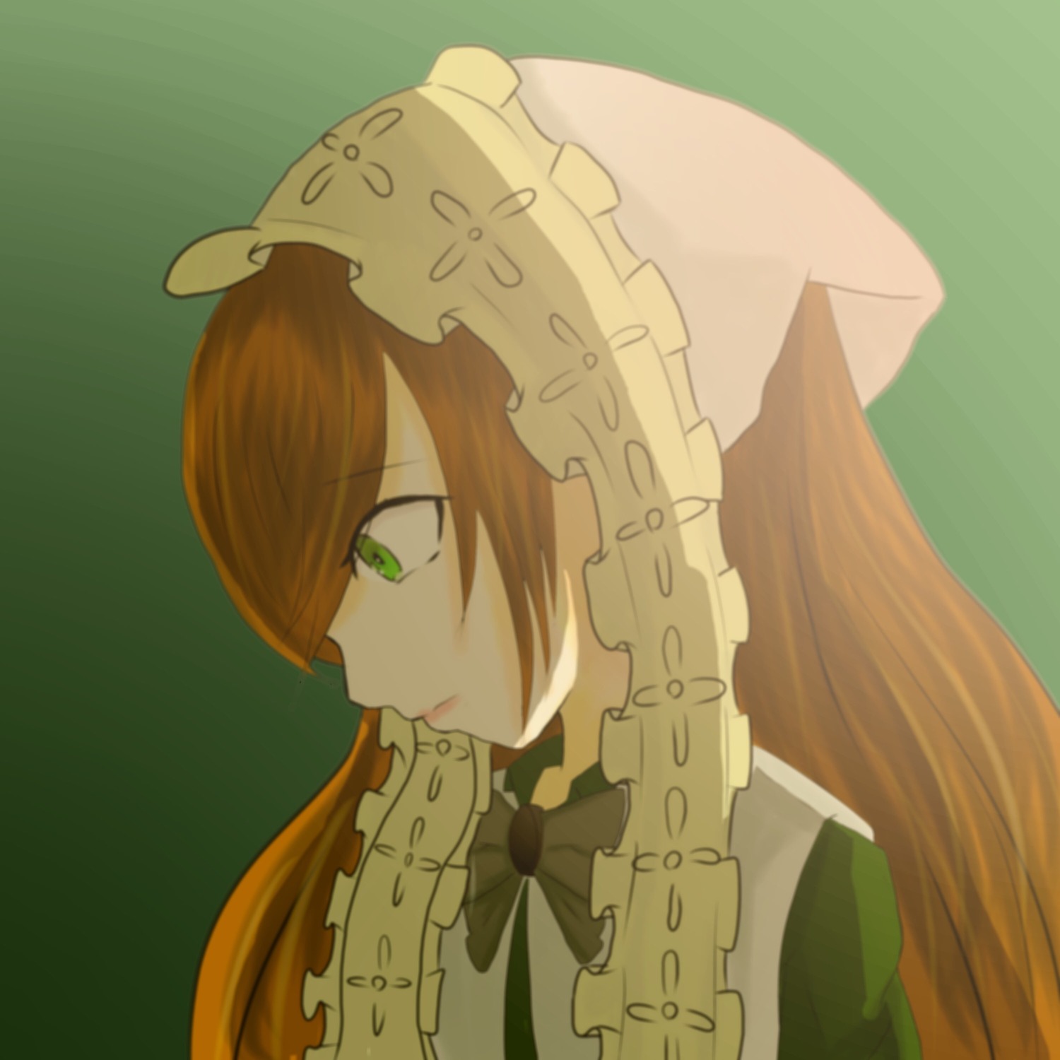 1girl bow closed_mouth frills gradient_background green_background green_eyes image long_hair looking_away profile simple_background solo suiseiseki