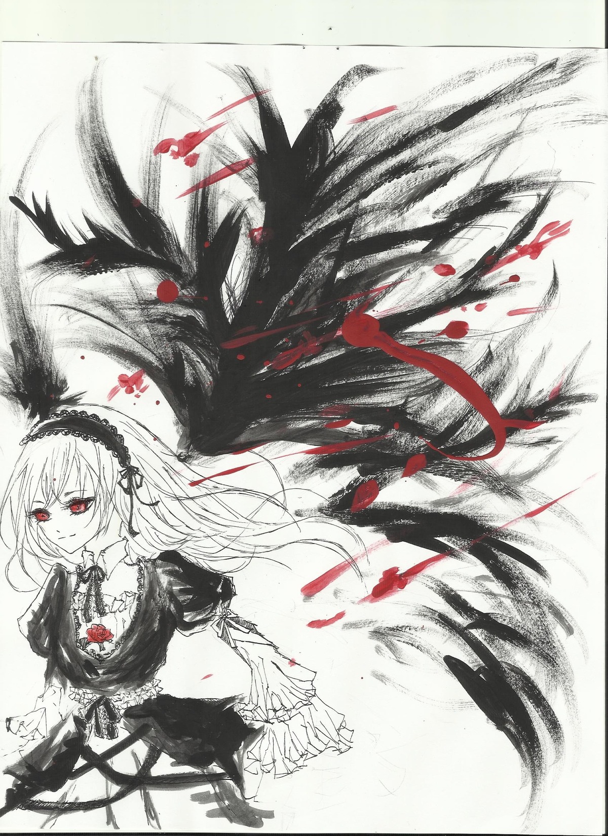 1girl black_wings dress feathered_wings feathers frills hairband image lolita_hairband long_hair long_sleeves looking_at_viewer red_eyes smile solo spot_color suigintou traditional_media wings