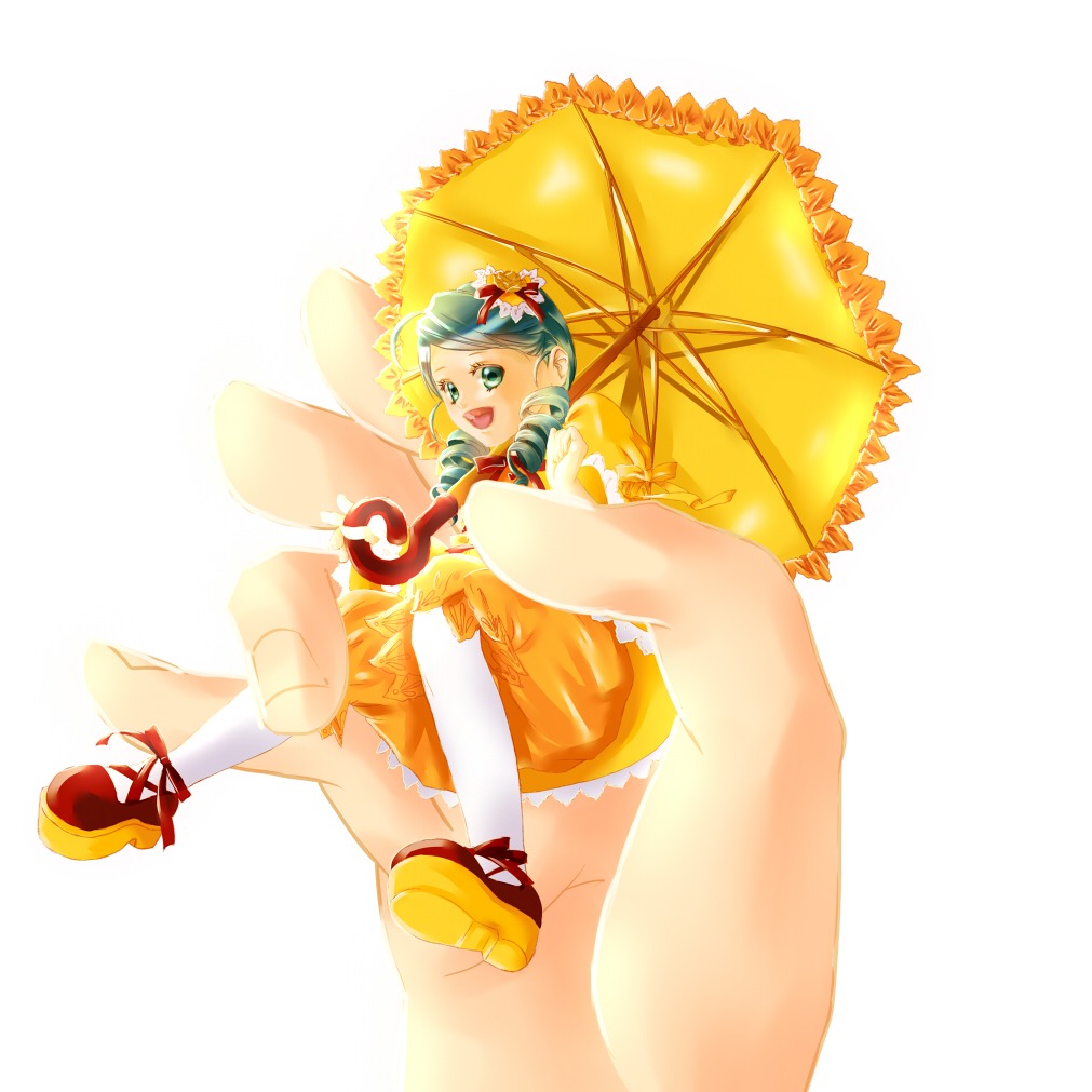 1girl dress gloves green_eyes green_hair hair_ornament holding_umbrella image kanaria open_mouth parasol smile solo striped umbrella