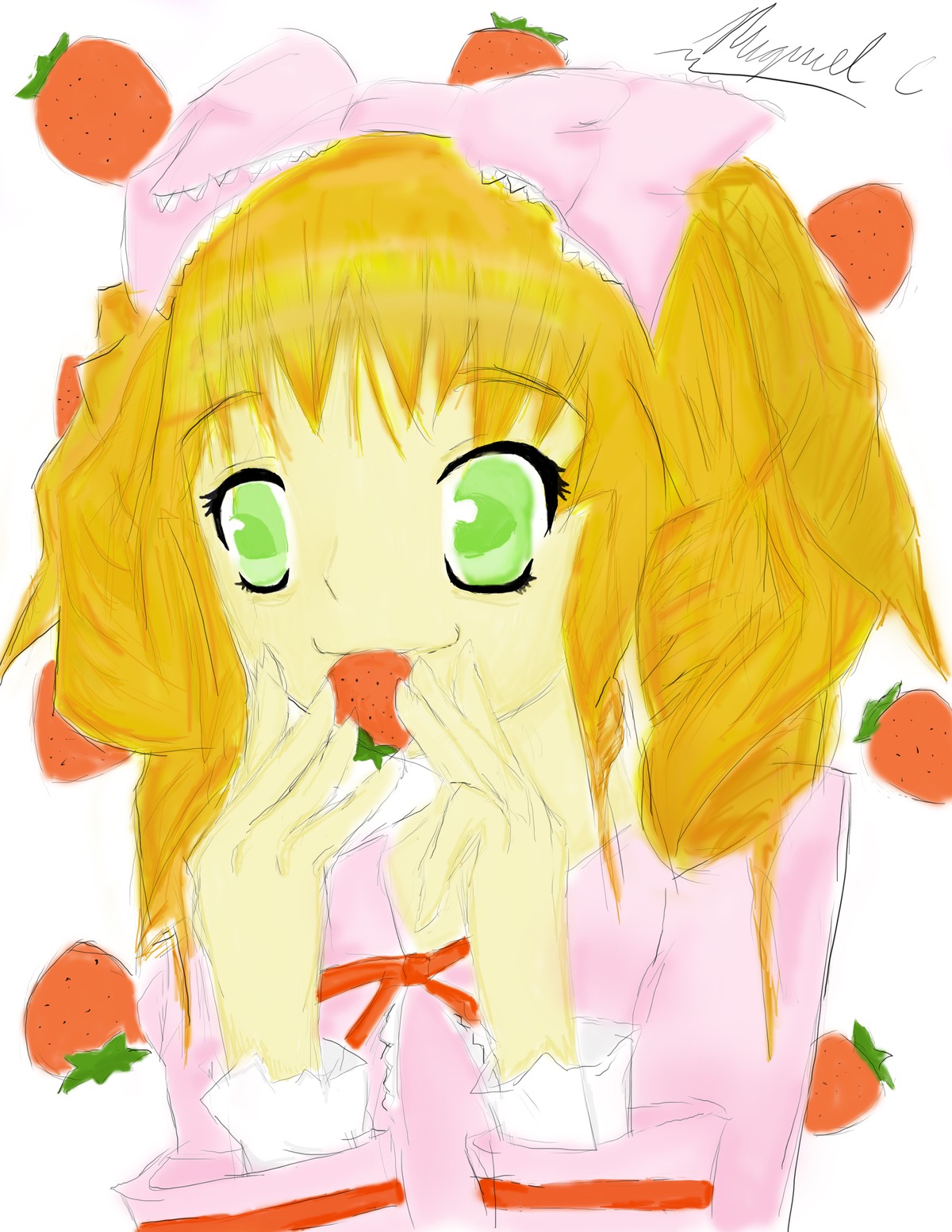 1girl apple blonde_hair cherry food fruit grapes green_eyes hinaichigo image melon object_on_head orange solo strawberry striped tomato underwear watermelon