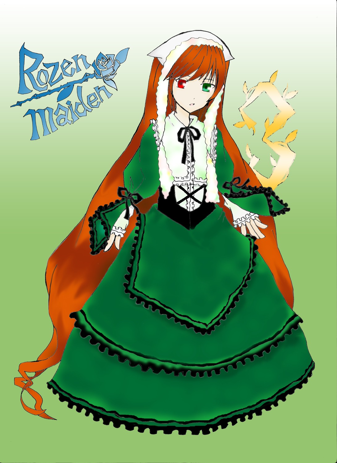 1girl auto_tagged brown_hair dress frills full_body green_dress green_eyes heterochromia image long_hair long_sleeves looking_at_viewer red_eyes simple_background solo suiseiseki very_long_hair