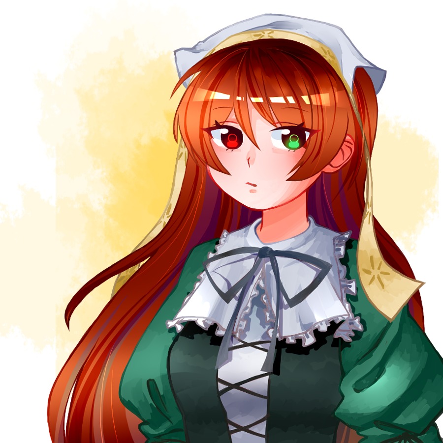 1girl auto_tagged black_ribbon brown_hair dress frills green_dress green_eyes head_scarf heterochromia image long_hair long_sleeves looking_at_viewer red_eyes ribbon solo suiseiseki upper_body very_long_hair