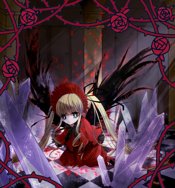 1girl blonde_hair blue_eyes bow checkered checkered_floor costume_switch dress flower image long_hair petals red_dress red_flower red_rose rose rose_petals shinku solo twintails vines