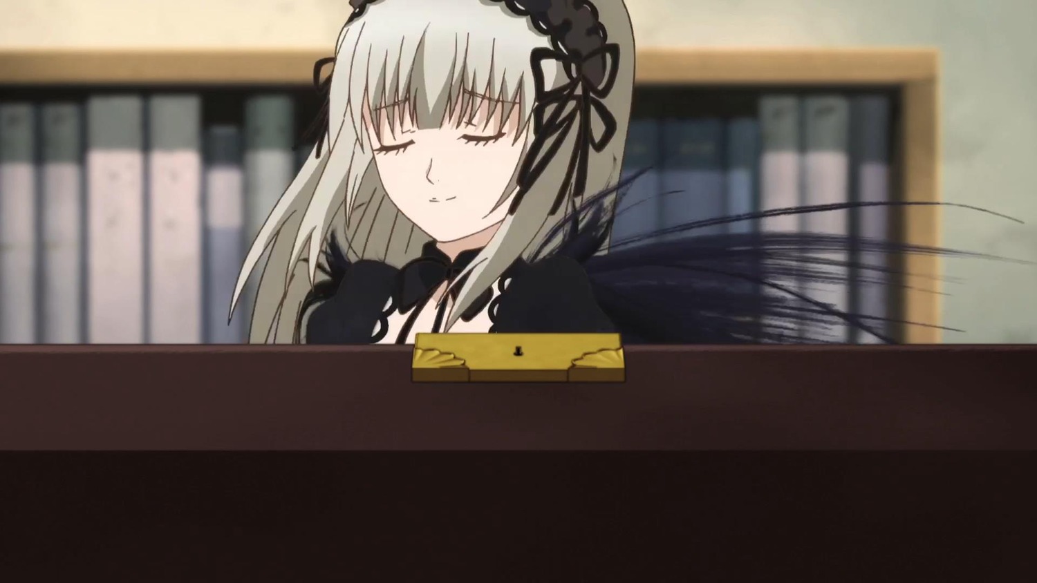 1girl bangs black_ribbon blurry blurry_background closed_eyes closed_mouth depth_of_field hairband image long_hair ribbon silver_hair solo suigintou