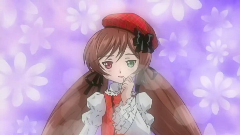 1girl beret black_bow bow brown_eyes brown_hair dress frills green_eyes hat hat_bow heterochromia image long_hair long_sleeves looking_at_viewer non-web_source purple_background red_eyes red_headwear rozen_maiden screencap solo suiseiseki twintails upper_body very_long_hair
