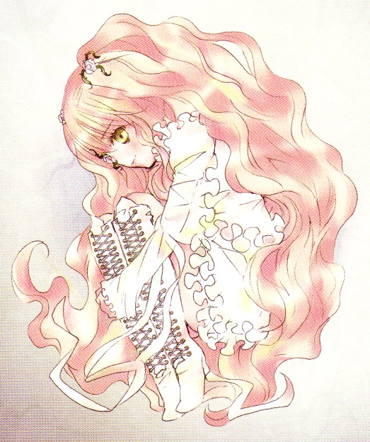 1girl dress frills gradient_hair hair_ornament image kirakishou long_hair pink_hair smile solo very_long_hair wavy_hair yellow_eyes