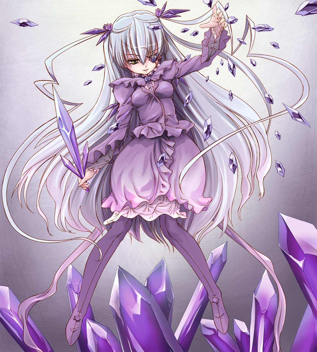 1girl barasuishou boots commentary_request crystal dress eyepatch frills green_eyes hair_ribbon highres image long_hair long_sleeves pantyhose ribbon rozen_maiden silver_hair solo st+1 thigh_boots thighhighs two_side_up very_long_hair white_hair