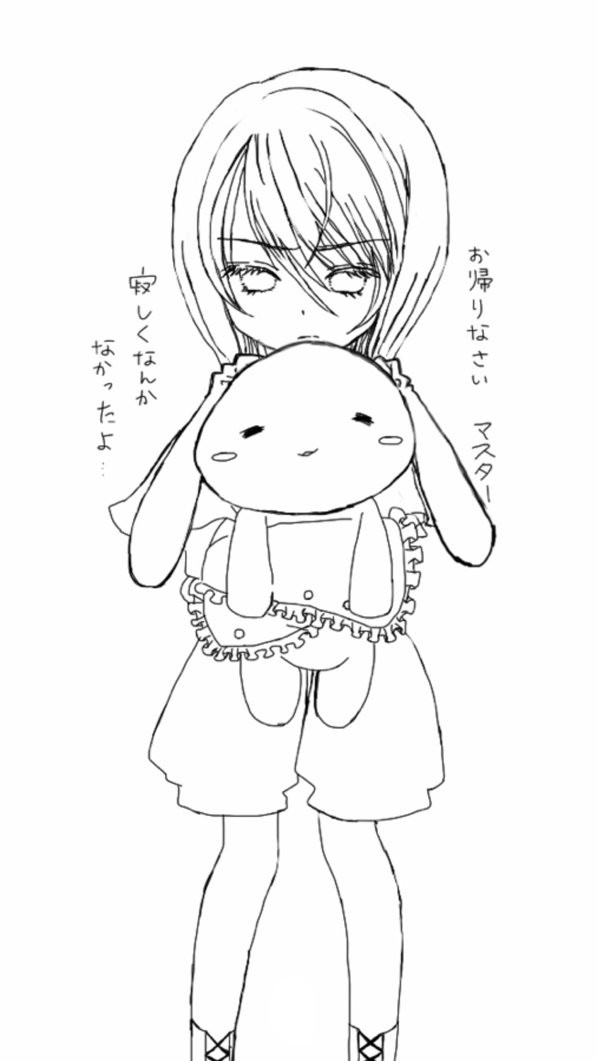 1girl bangs bunny full_body greyscale holding_stuffed_toy image monochrome object_hug shorts solo souseiseki standing striped striped_shorts stuffed_animal stuffed_bunny vertical_stripes
