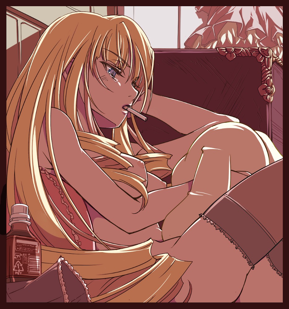 1girl blonde_hair blue_eyes breasts drill_hair food image long_hair mouth_hold shinku sitting solo thighhighs