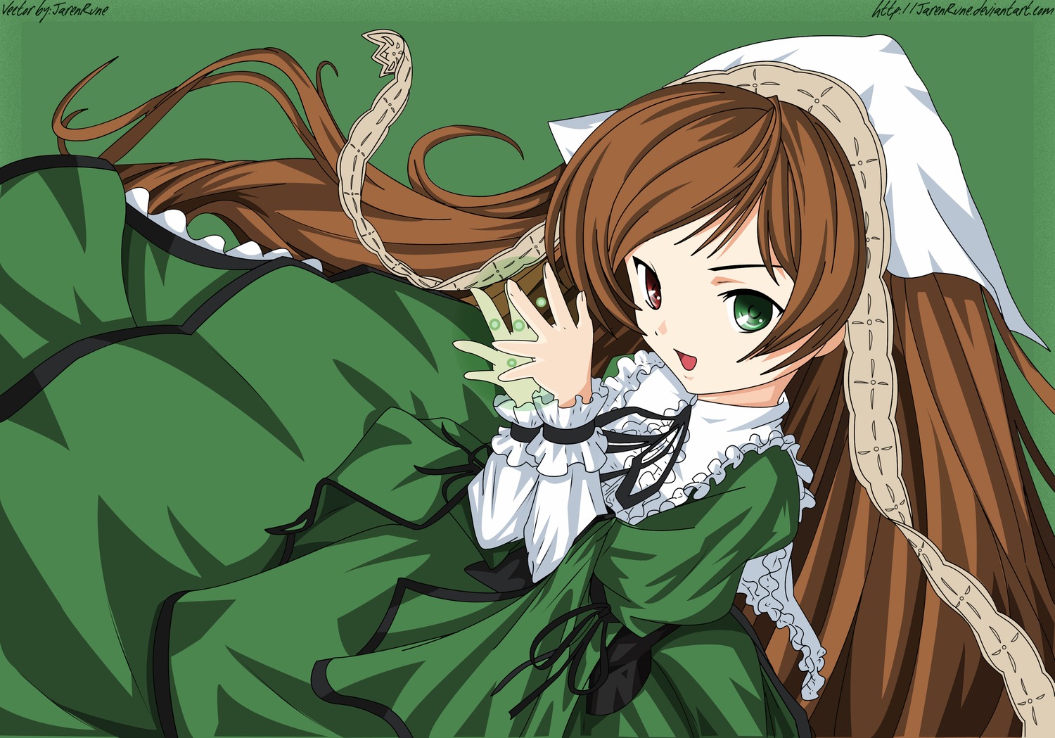 1girl artist_name brown_hair dress frills green_dress green_eyes head_scarf heterochromia image long_hair long_sleeves looking_at_viewer open_mouth red_eyes ribbon simple_background solo suiseiseki very_long_hair