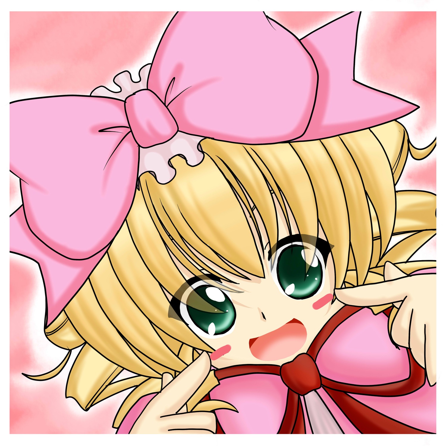 1girl :d auto_tagged bangs blonde_hair blush_stickers bow close-up green_eyes hat hinaichigo image looking_at_viewer open_mouth pink_background pink_bow pink_dress pink_headwear smile solo