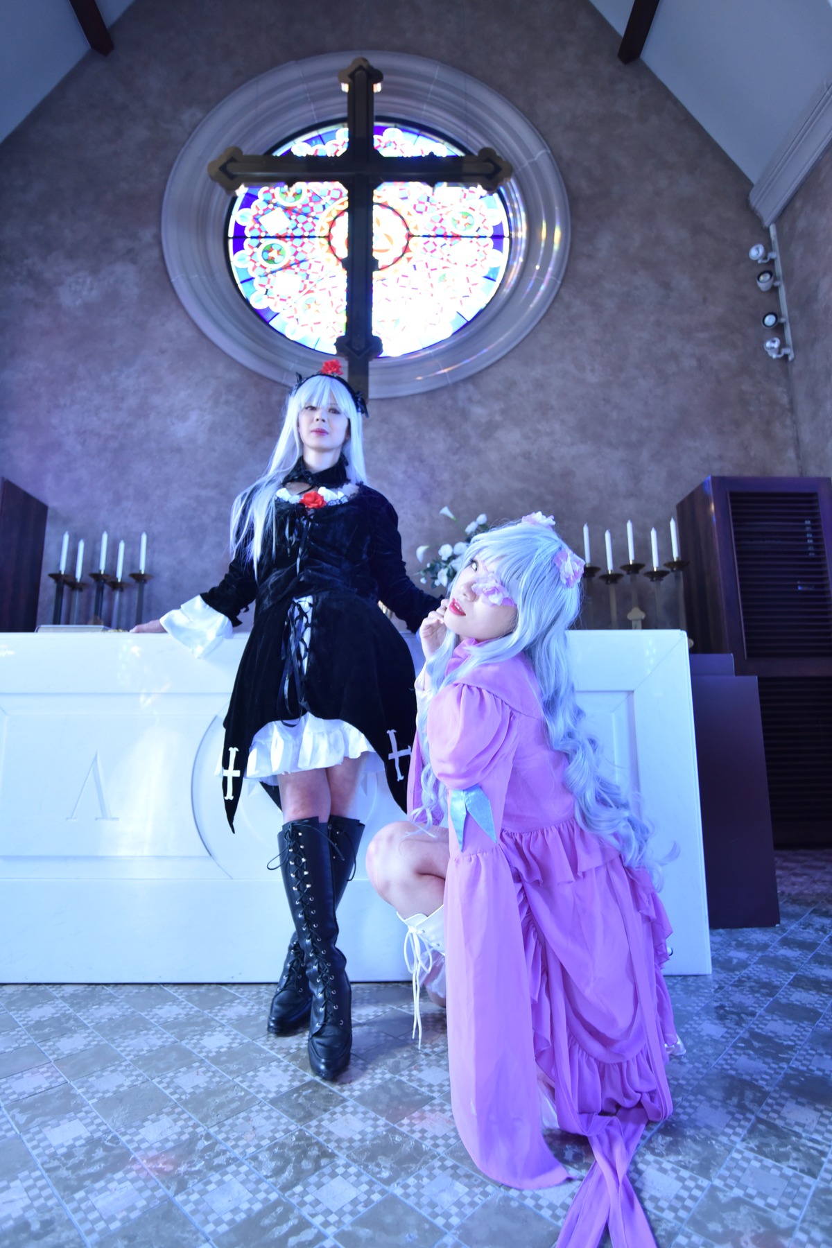 2girls boots braid closed_eyes cross-laced_footwear dress long_hair multiple_cosplay multiple_girls tagme white_hair