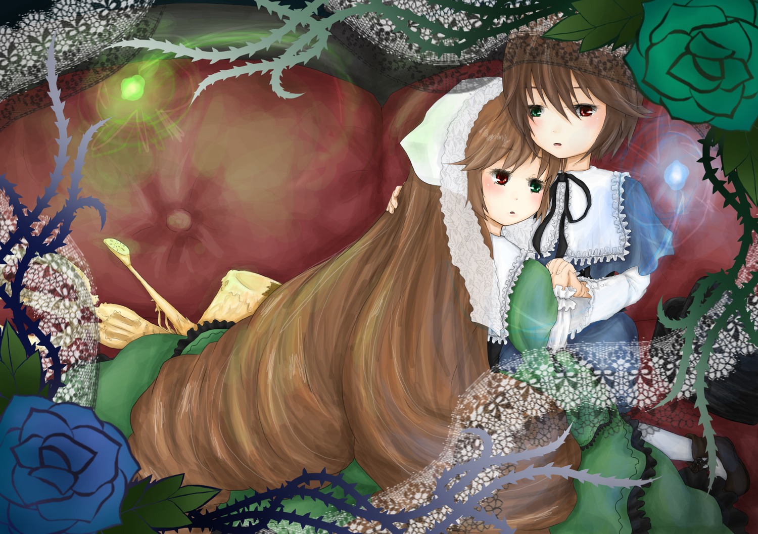 2girls blue_flower blue_rose brown_hair dress flower green_dress green_eyes heterochromia holding_hands image long_hair long_sleeves multiple_girls pair red_eyes rose short_hair siblings sisters souseiseki suiseiseki twins very_long_hair