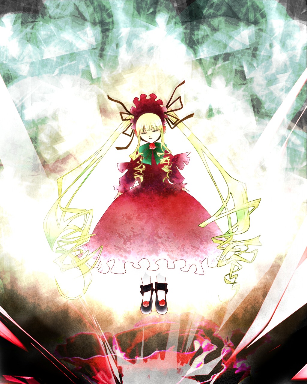 1girl auto_tagged blonde_hair bonnet bow closed_eyes cup dress full_body image light_rays long_hair long_sleeves red_dress shinku solo standing twintails