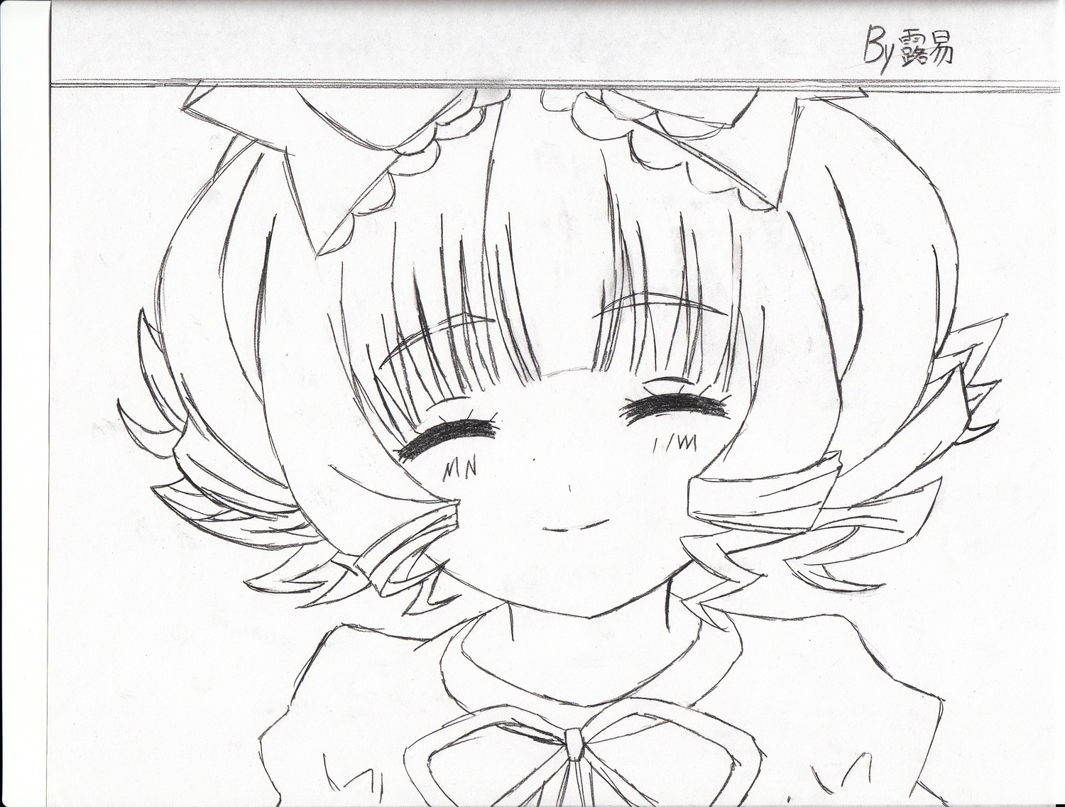 1girl bangs black_border blush closed_eyes closed_mouth drill_hair eyebrows_visible_through_hair facing_viewer fairy_wings greyscale hat hinaichigo image luna_child monochrome short_hair smile solo traditional_media wings