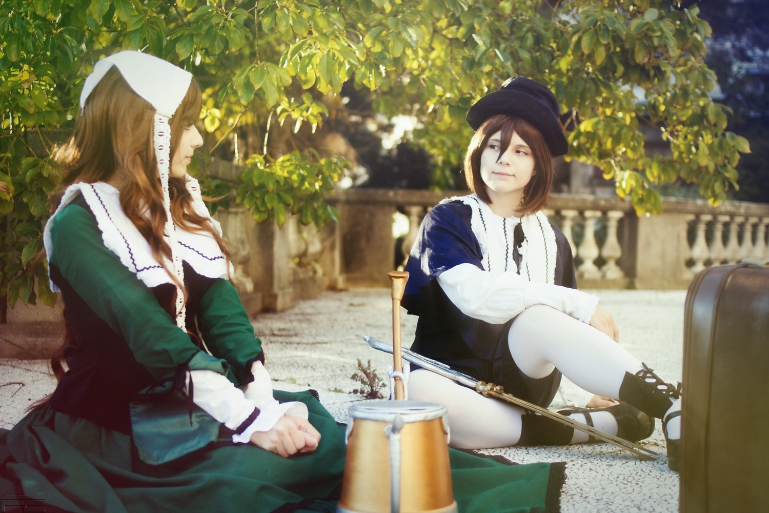 2girls brown_hair dress hat long_sleeves multiple_cosplay multiple_girls outdoors pantyhose sitting tagme