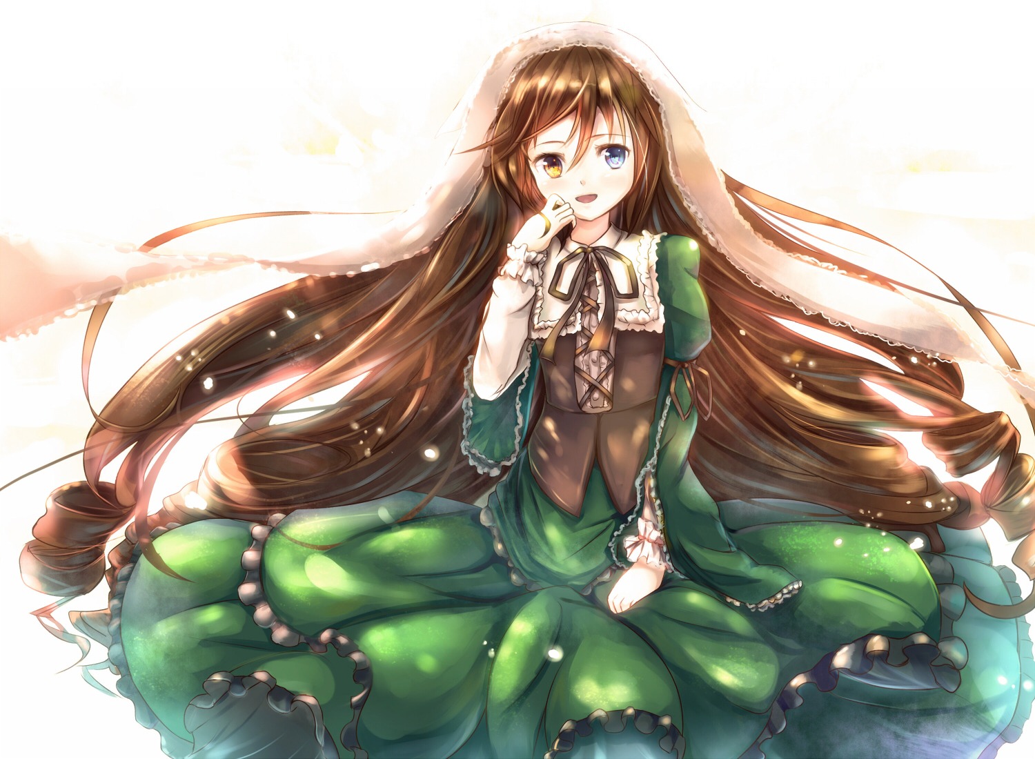 1girl :d brown_hair dress drill_hair frills green_dress heterochromia image long_hair long_sleeves looking_at_viewer open_mouth ribbon smile solo suiseiseki twin_drills very_long_hair