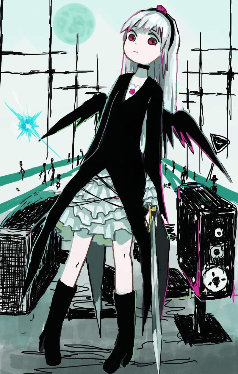 1girl bag black_footwear boots dress full_body ground_vehicle hairband image jewelry knee_boots long_hair looking_at_viewer necklace red_eyes solo standing suigintou wings