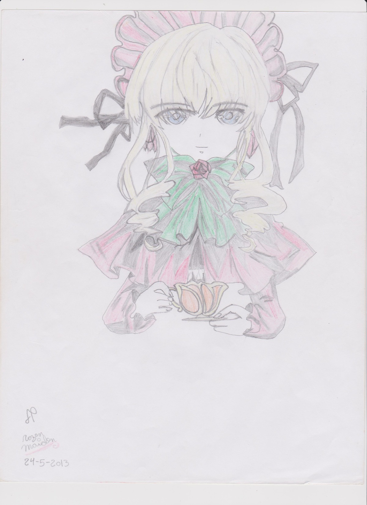 1girl blonde_hair blue_eyes cup dated flower food image long_hair long_sleeves looking_at_viewer maid_headdress ribbon rose shinku solo striped teacup traditional_media upper_body