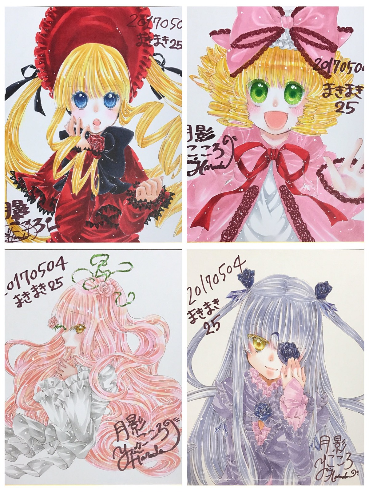 4girls blonde_hair blue_eyes blush bonnet bow dress drill_hair eyepatch flower frills green_eyes hat hina_ichigo image long_hair long_sleeves looking_at_viewer multiple multiple_girls open_mouth pink_bow pink_hair shinku silver_hair smile tagme traditional_media twintails very_long_hair yellow_eyes