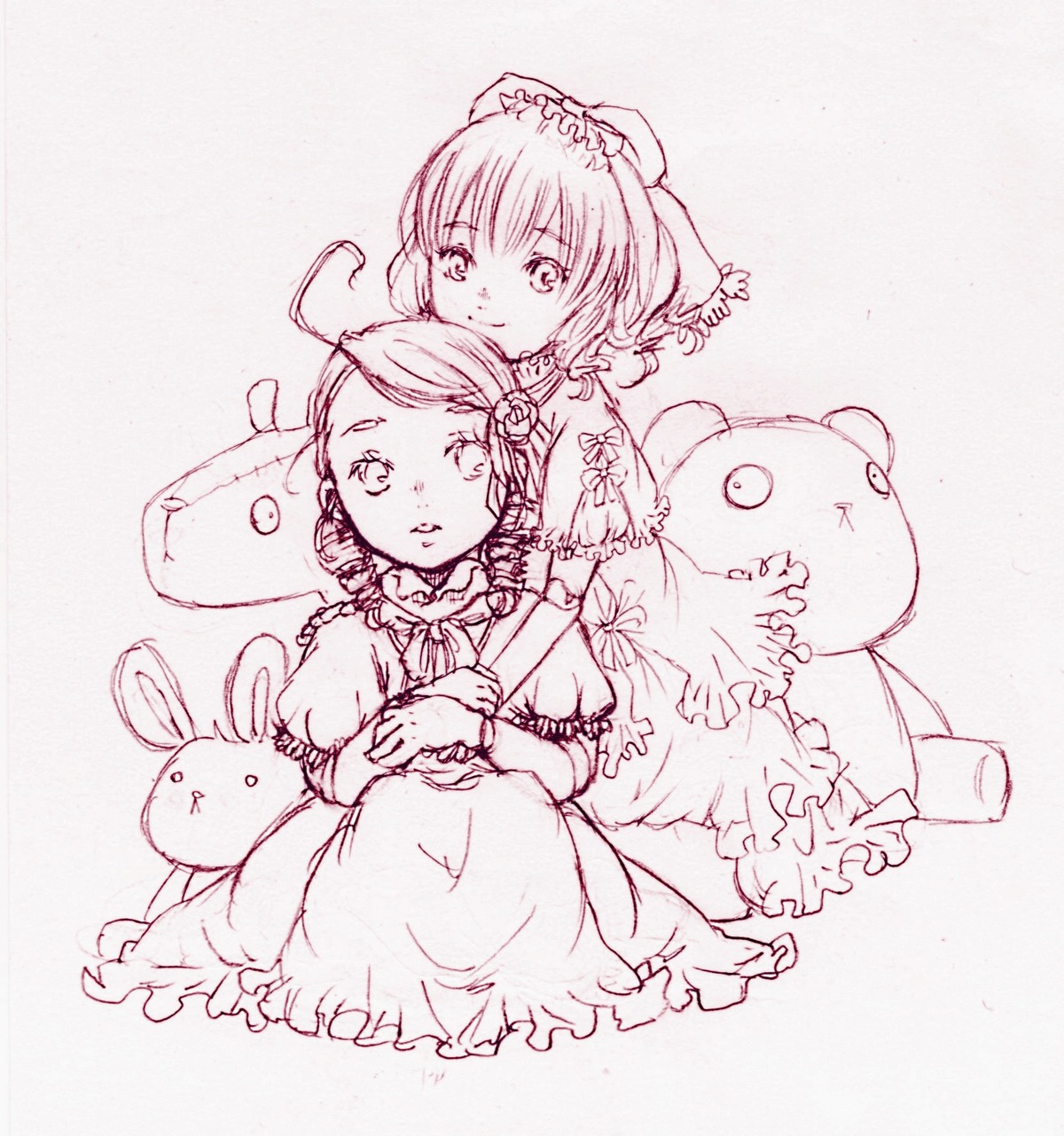 2girls dress hinaichigo hug image kanaria monochrome multiple_girls pair short_hair smile stuffed_animal stuffed_bunny teddy_bear