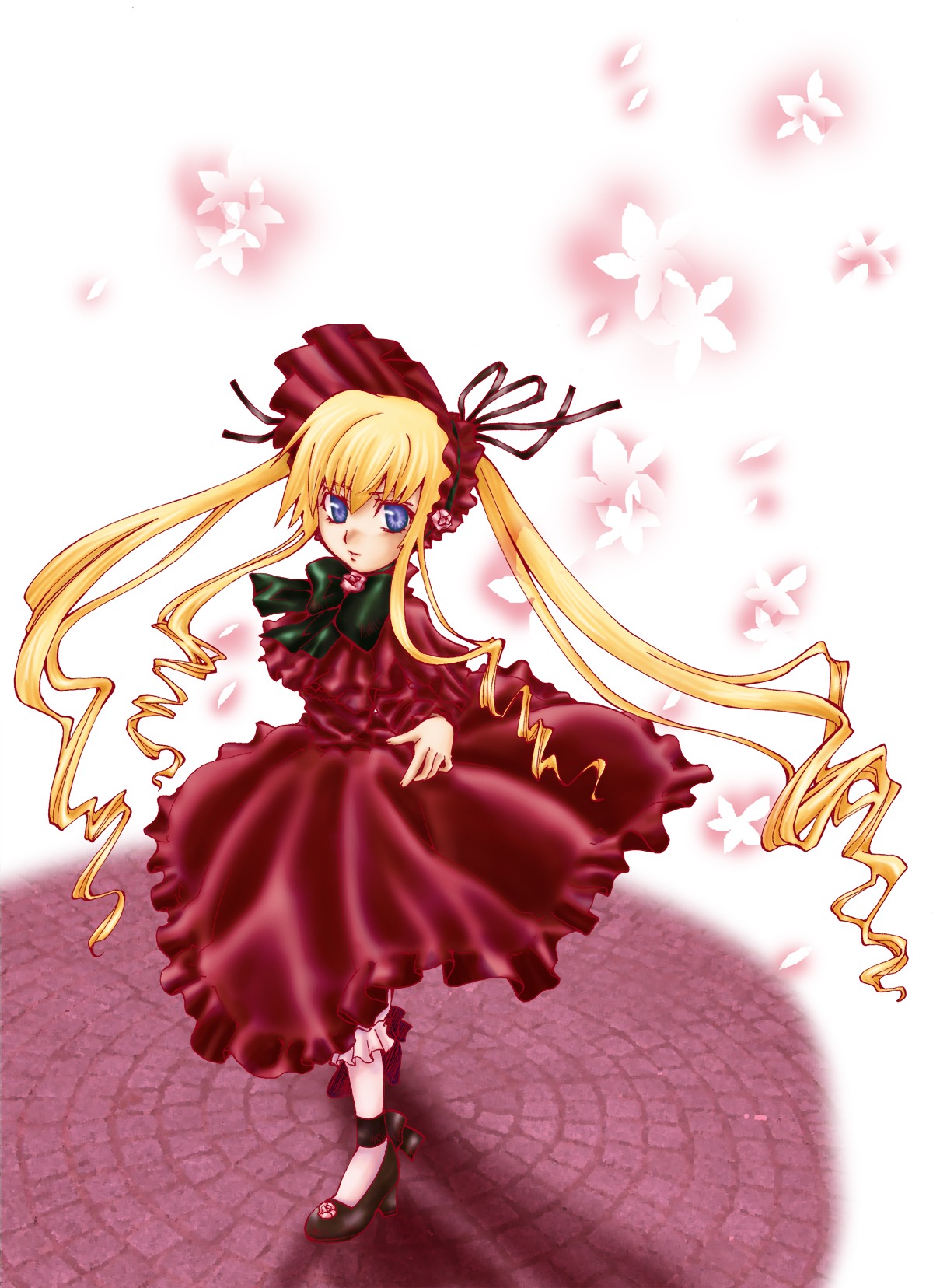 1girl blonde_hair blue_eyes bonnet bow bowtie dress drill_hair full_body image long_hair long_sleeves looking_at_viewer red_dress shinku shoes solo twintails very_long_hair