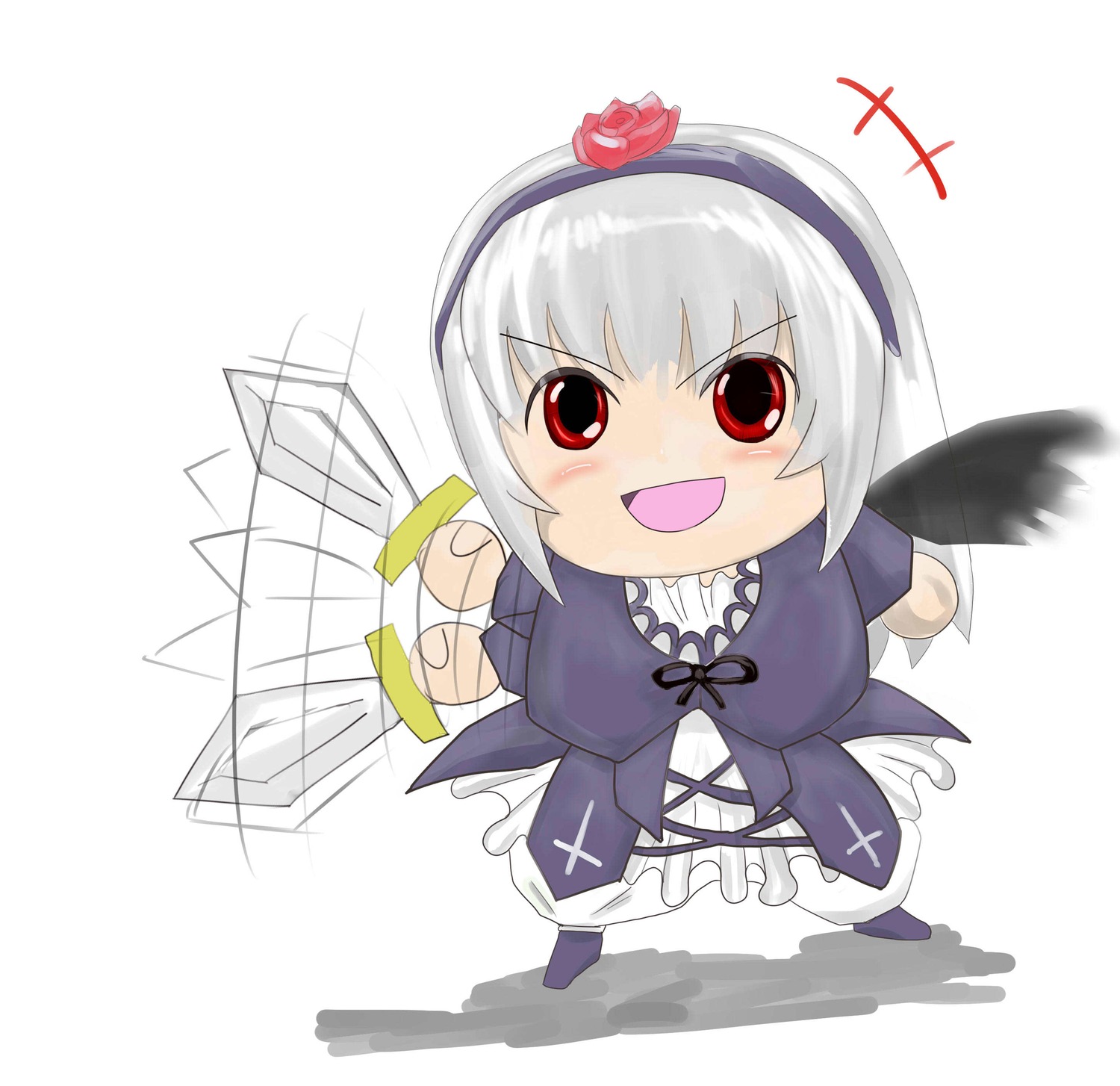 1girl black_wings blush chibi dress flower hairband image long_hair open_mouth red_eyes rose silver_hair smile solo suigintou wings