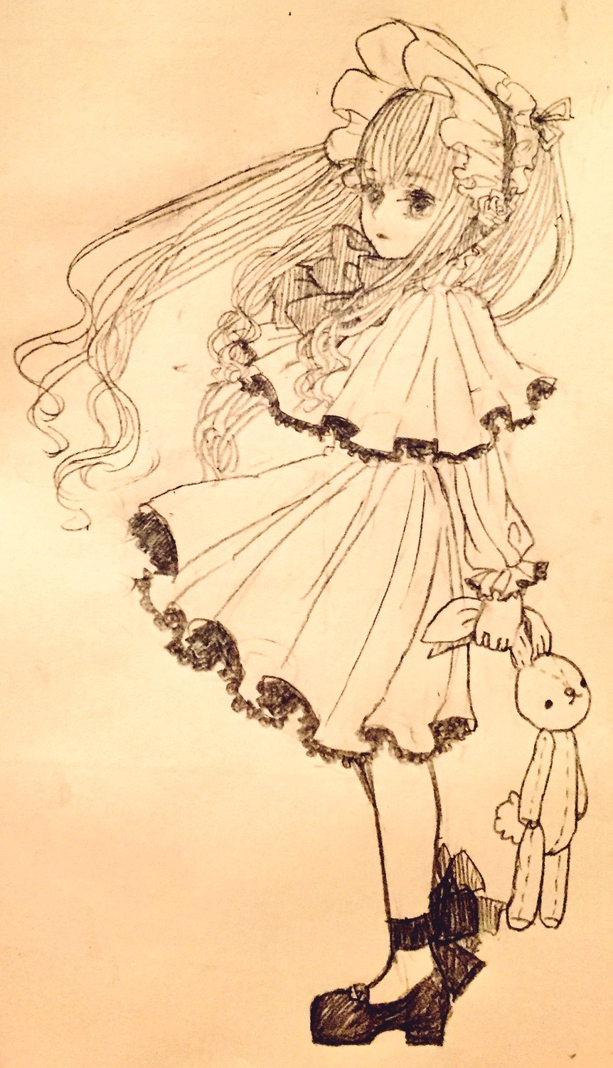 1girl bangs bow capelet dress full_body image lolita_fashion long_hair long_sleeves looking_at_viewer monochrome patchouli_knowledge shinku shoes simple_background solo standing stuffed_animal stuffed_bunny teddy_bear traditional_media very_long_hair